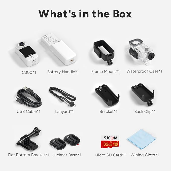 SJCAM C300 Pocket Action Camera 4K,7Hour Power, 6-Axis Stabilization, Dual-Touch Screen Body Camera,30M Waterproof, Vlogging and Live Streaming,with Accessories Kits,Black,Gifts with 64G Card