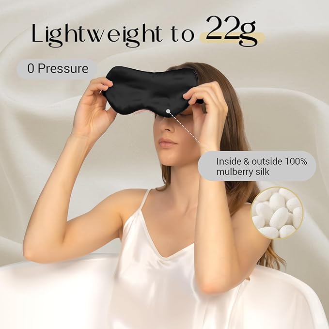 ZIMASILK Adjustable 100% 22 Momme Mulberry Silk Sleep Mask for Sleeping, Filled with Premium Mulberry Silk, Softest & Breathable Blackout Eye Sleeping Mask (Black)