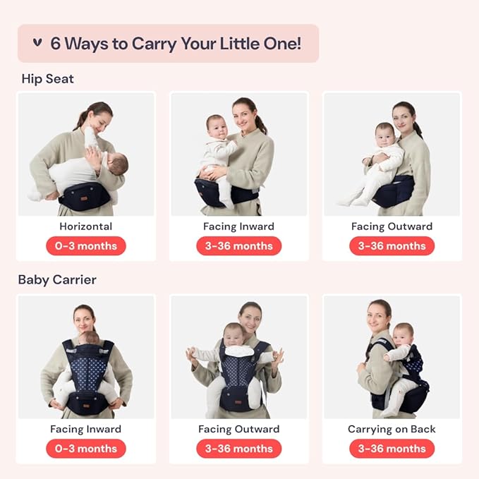 BabbleRoo Grow Carrier – 6-in-1 Baby Carrier with Hip Seat, Ergonomic, Cozy & Adjustable Toddler Carrier 7-50 lbs with Hip & Lumbar Support, Hood for Sun Protection, Newborn to Toddler, Navy Hearts
