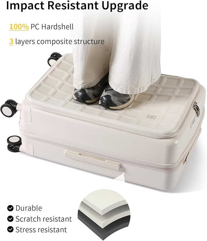 aji Expandable Top Opening 24 Inch Checked Luggage with Spinner Wheels, Large Suitcase with TSA Lock, Hard Shell Travel luggage Suitcases for Men Women, for 12+Days Travel, Coconut White