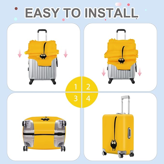 ANNA QUEEN Cute Black Cat Luggage Cover, Whimsical Cat Design with Long Tail, Stretchable, Washable Travel Protector for 32-34 Inch Luggage