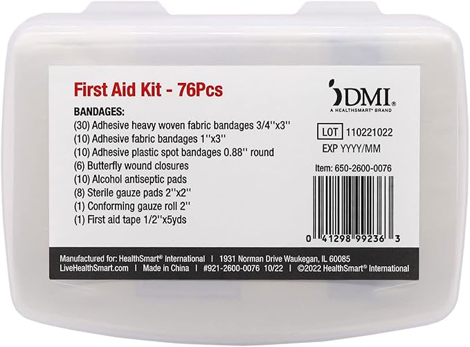 DMI 76-Piece First-Aid Kit, Portable All-Purpose Use for Minor Cuts and Scrapes, Durable Water-Resistant Case, Convenient and Portable for Travel, FSA & HSA Eligible
