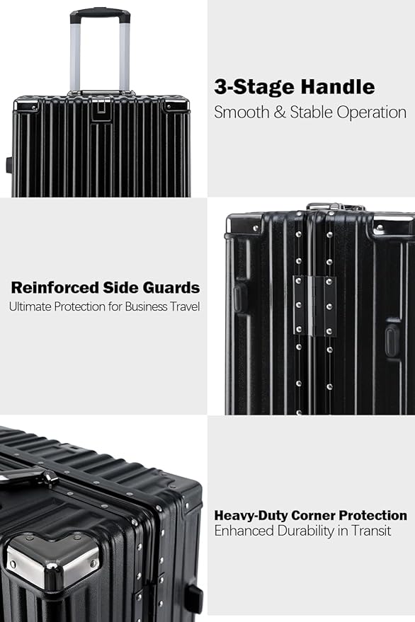HotWay 24 Inch Aluminum Frame Luggage with Spinner Wheels, PC Hard Shell Suitcase with Cup Holder, Zipperless Luggage for Business Travel, Black