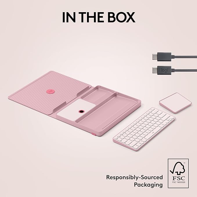 Logitech Casa Pop Up Desk Kit - Adjustable Laptop Stand for Desk, Wireless Keyboard & Touchpad, Bluetooth, USB C Charging, Bohemian Blush, Pink