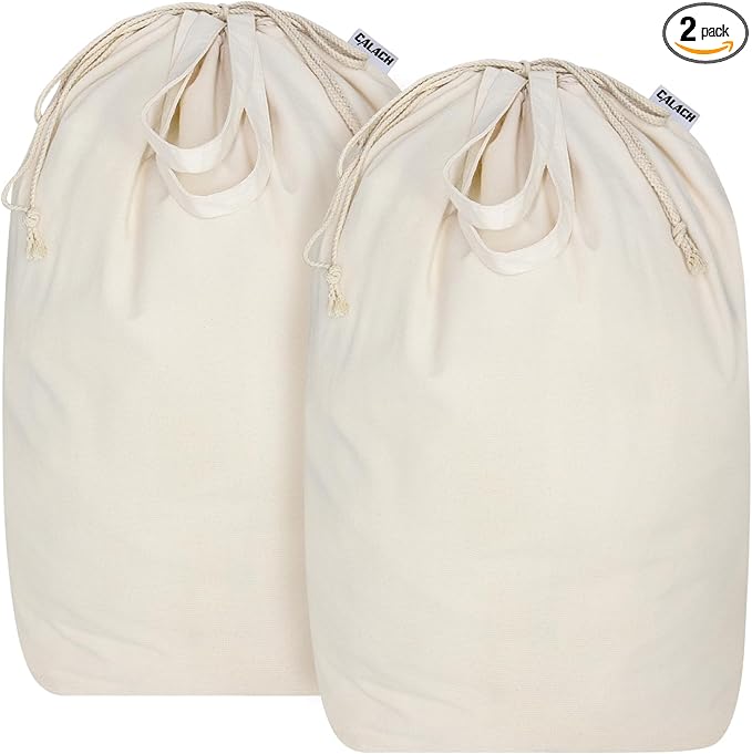 Canvas Laundry Bags with Handles & Square Base13.8"x 13.8", Large Heavy Duty Laundry Basket Hamper Liner, College Dorm Washable Drawstring Cotton Dirty Clothes Bag (Natural,2 Pack)