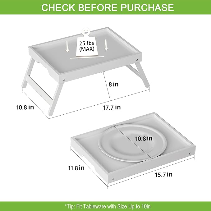 Bed Tray Table with Folding Legs,Bamboo Breakfast in Bed for Kitchen Serving Tray,Sofa,Eating,Used As Laptop Desk Snack Tray 2 Pack (White)