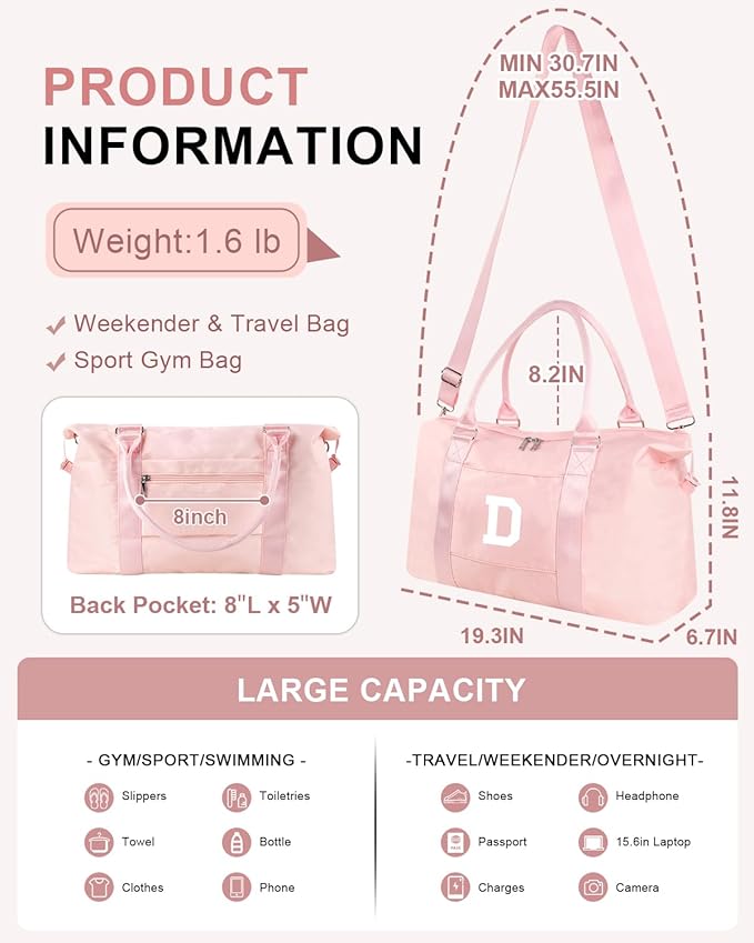 Initial Travel Duffel Bag Sports Gym Bag for Girls Teen Birthday Gifts,Pink Personalized Weekender Bag Carry On Tote Bags for Women Men,Waterproof Overnight Luggage Bag with Trolley Sleeve(Letter D)