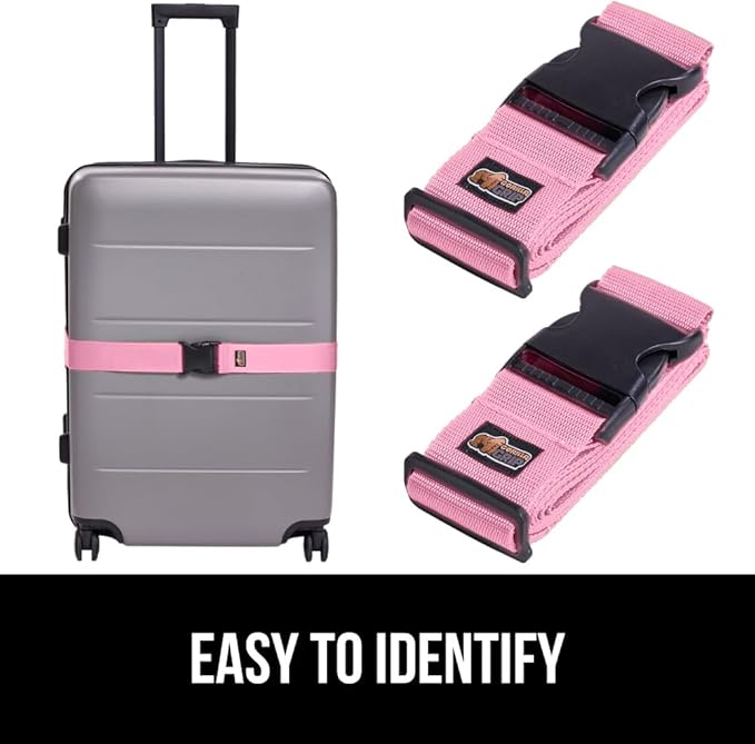 GORILLA GRIP Heavy Duty Adjustable Luggage Straps for Suitcases, Easy to Identify Travel Belt Connector Holds Suitcase Together, Extends Life of Bag, Strap Connects Two Bags, Accessories 2 Pack Pink