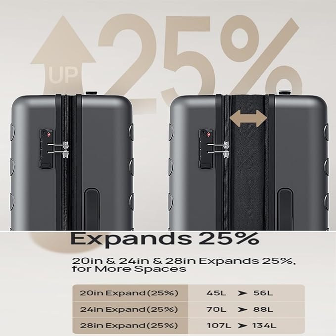 Carry on Luggage 22 X 14 X 9 Airline Approved, 20 Inch Luggage for 3-5 Days Travel, Double Spinner Wheels, 100% Hardshell PC, TSA Lock (00-Black (Expandable), Checked 24-Inch)