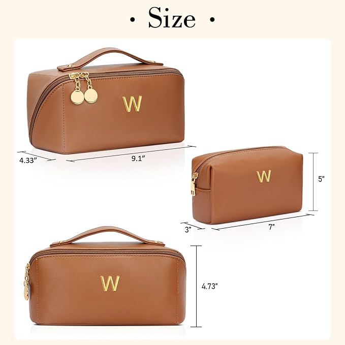 Birthday Gifts for Women Teen Girl, Personalized Initial Makeup Organizer Bag Set, Open Flat Travel Cosmetic Bag With Clear Divider and Handle(Brown,W)