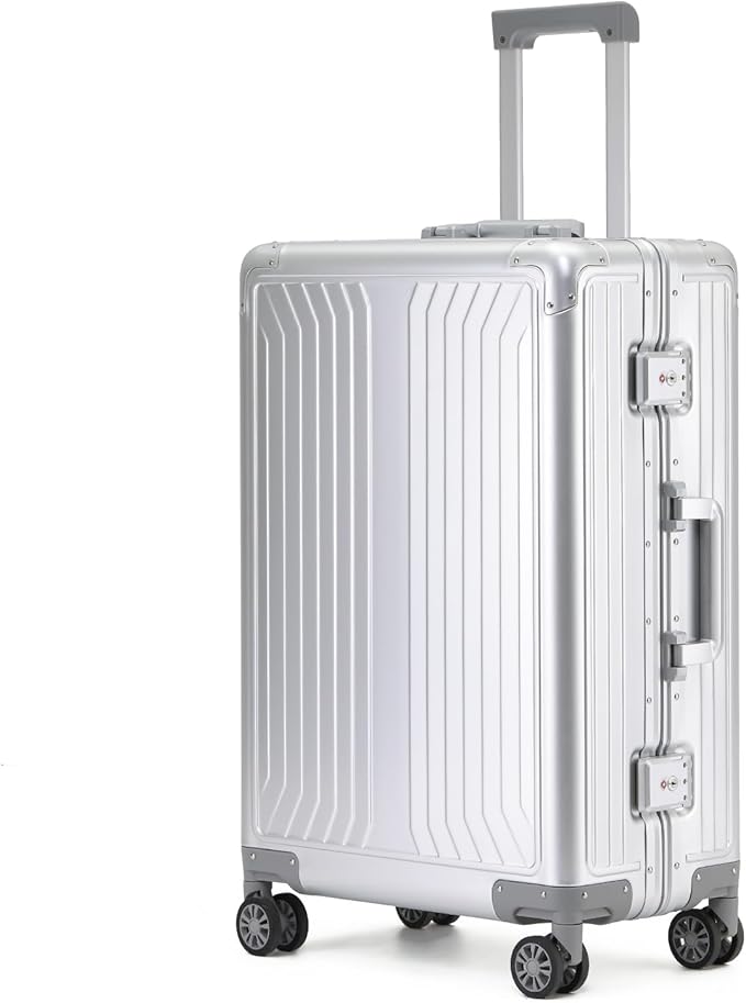 Metal all aluminum carry-on suitcase 20 "hard face, TSA lock and rotating wheel zippered luggage set (silvery, 20 '')