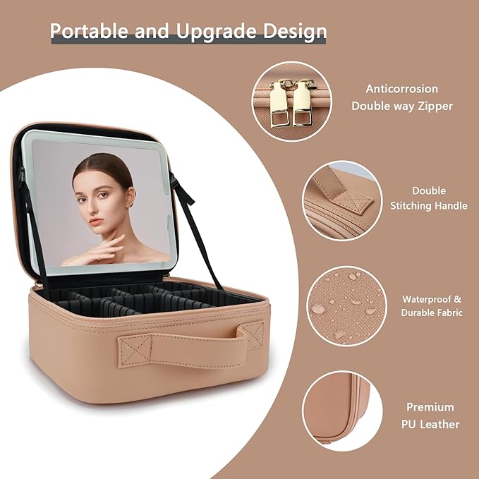 Makeup Bag with Led Mirror,Travel Makeup Organizer with 3 Color Setting & 10X Magnifying Mirror, Portable Storage and Adjustable Dividers Travel Makeup Bag-khaki