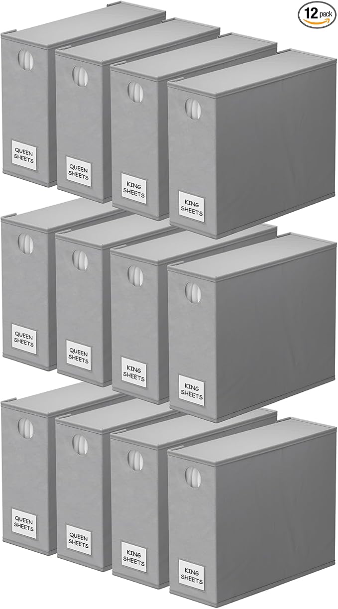 SpaceAid 12 Pack Bed Sheet Organizers and Storage, Foldable Sheet Organizer for Linen Closet, Sheets Set Folder Keeper with Window XL (Queen & King Size) Bedding Container (Gray, 12 Pack)