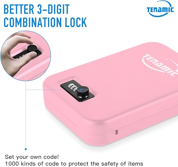 TENAMIC Pistol Safe, Portable Travel Gun Safe, Solid Steel Handgun Lock Box for Home, Gun Safes for Car, Pink