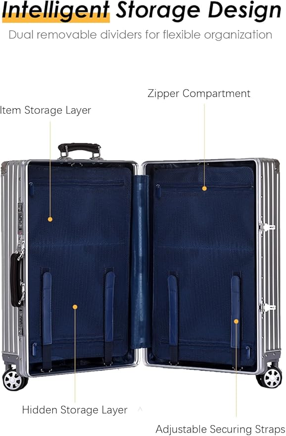HotWay 28 Inch All Aluminum Checked in Luggage with Leather Handle, Hard Shell Zipperless Suitcase with TSA Locks and Spinner Wheels, Large Luggage for Business Travel, Silver