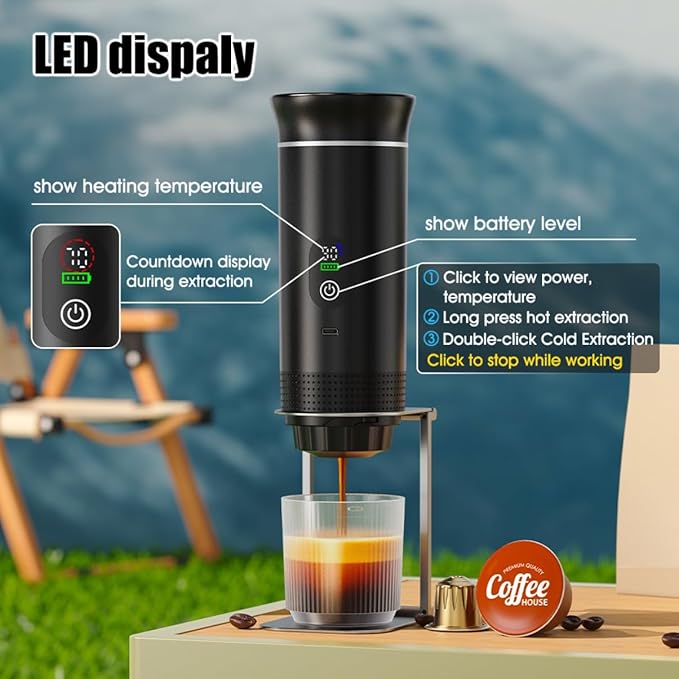 Portable Electric Coffee Maker, Digital Display, Compatible with Coffee Pods,Rechargeable Coffee Machine for Travel, Camping, RV,Home,Office (grey)