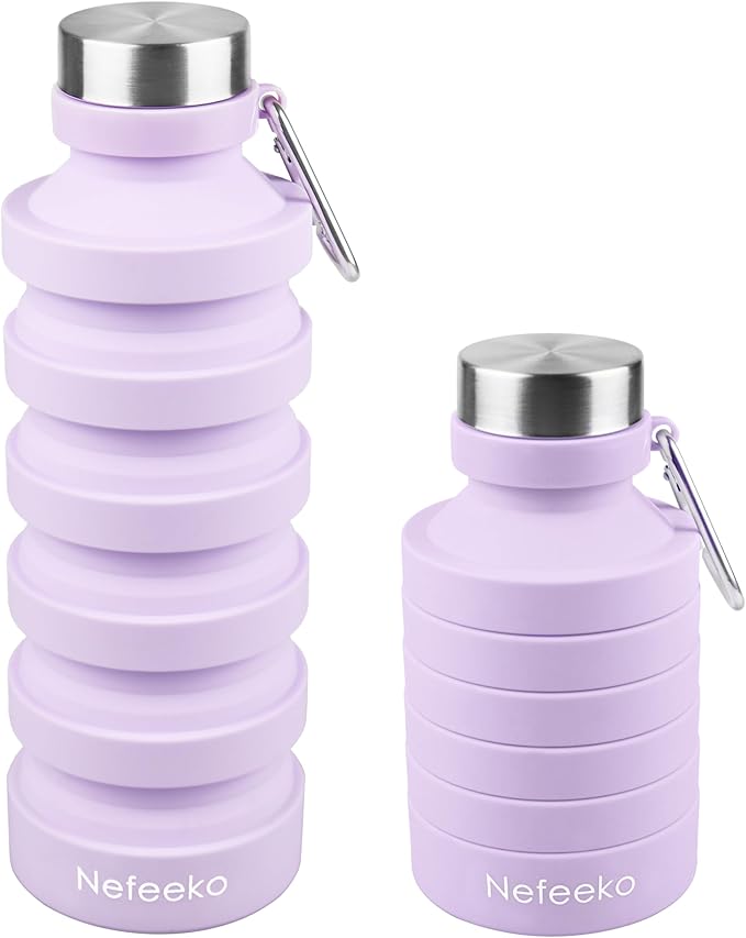 Nefeeko Collapsible Water Bottle, Reuseable BPA Free Silicone Foldable Water Bottles for Travel Gym Camping Hiking, Portable Leak Proof Sports Water Bottle with Carabiner