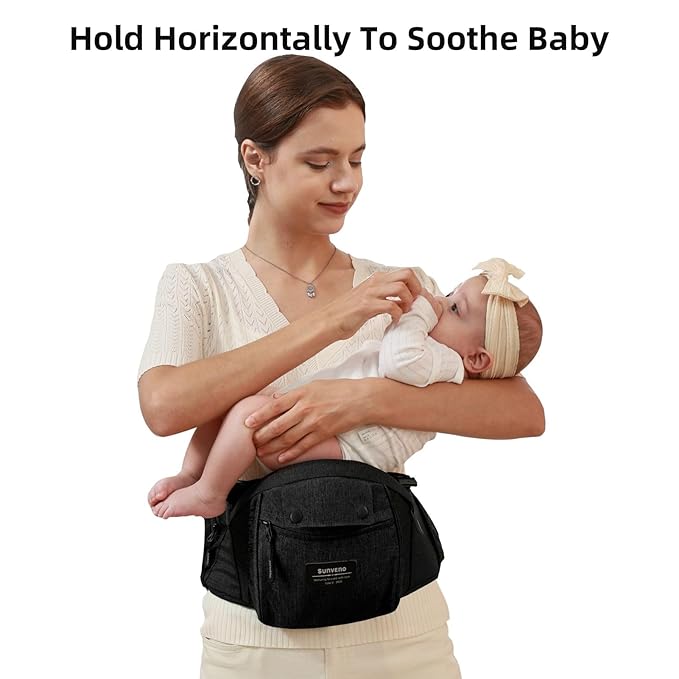 SUNVENO 3 in 1 Ergonomic Baby Carrier with Hip Seat for Newborns and Toddlers, Supports 20 lbs and Up, Waist and Back Relief with Large Weight Capacity for All Season Use,Black