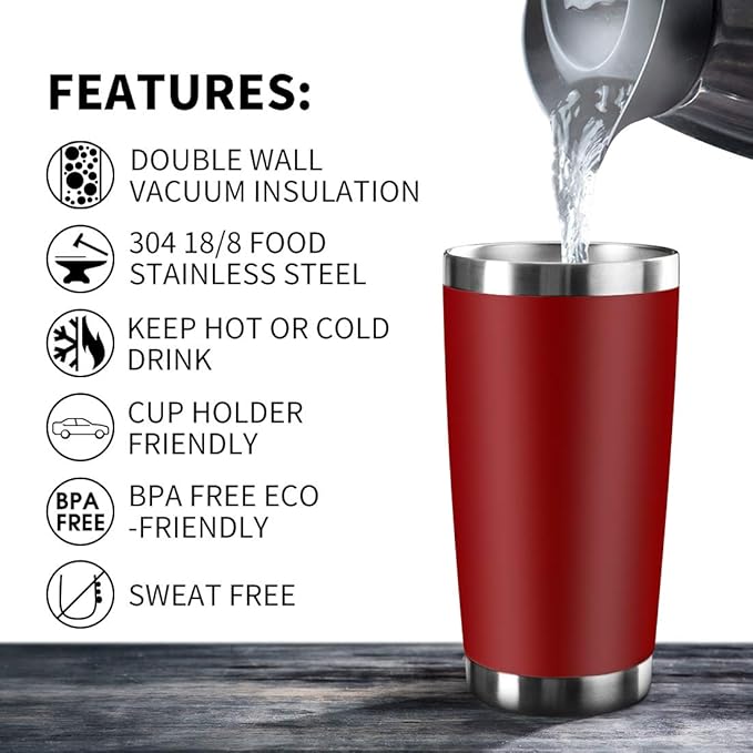 20oz Tumbler Bulk Stainless Steel Vacuum Insulated Tumblers with Lid Double Wall Travel Mug, Durable Powder Coated Coffee Cup, Suitable for Ice Drinks and Hot Beverage (Red 1pack)