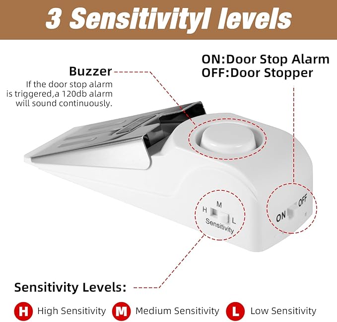 Door Stop Alarm and Adjustable Portable Door Lock Provide Double Security for Home, Hotel and Traveling (1 Door Lock + 2 Door Stop)