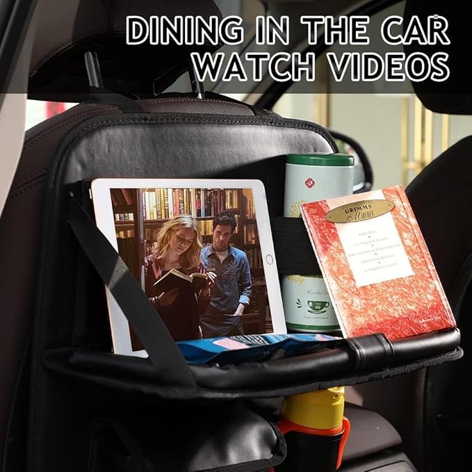 2PACK Leather Car Backseat Organizer with Tablet Holder - 9 Large Storage Pockets, Foldable Food Tray & Anti-Scratch Kick Mats - Universal Car Seat Protector for Kids, Pets & Travel Accessories