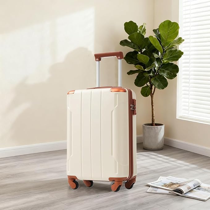 Merax Suitcases With Wheels Hardside Luggage Sets 3 Piece, Expandable And Lightweight, Travel Suitcases For Woman And Man (White Brown)