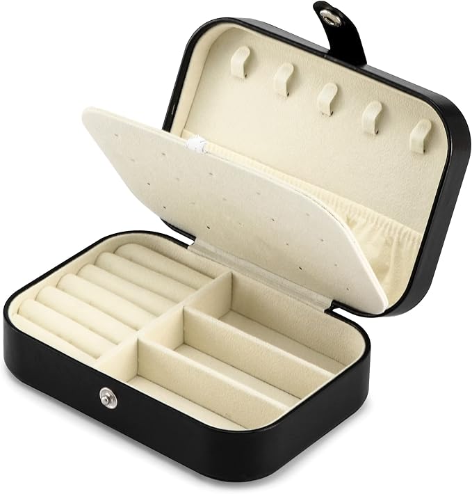 Travel Jewelry Box, PU leather Small Jewelry Organizer For Female Girls, double layer portable mini travel case for storing earrings, rings, necklaces.(Black)