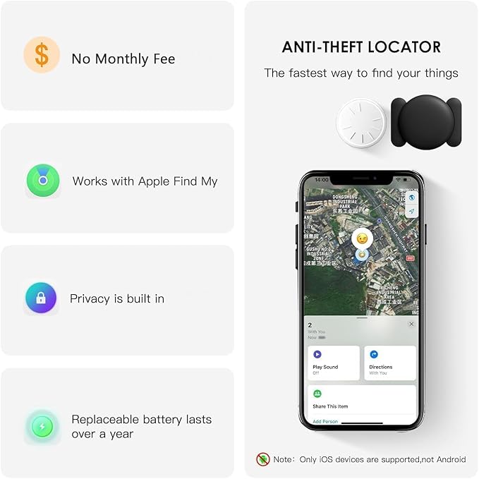 No Subscription Vehicle GPS Tracker,Portable Car GPS Tracker Work with Apple Find My（iOS Only,Mini Magnetic GPS Device Full Coverage Pinpoint Vehicle Location Elderly Children Pets (Black,2PCS)