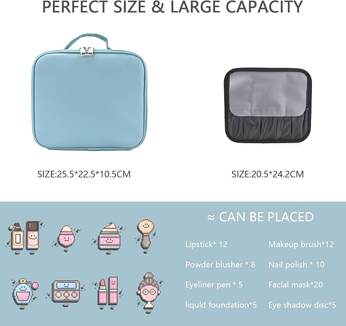 Makeup Bag with Led Mirror,Travel Makeup Organizer with 3 Color Setting, Portable Storage and Adjustable Dividers Travel Makeup Bag(baby blue)