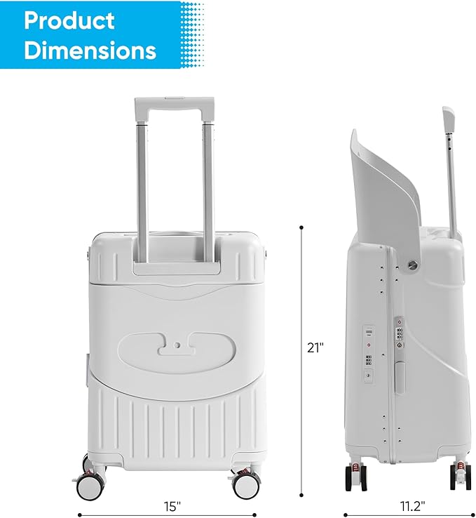 TABU 20" Ride-on Luggage with Seat，Front Opening Carry-On Hardshell Ride On Suitcase with Built-in Charging Port, 360° Lockable Spinner and TSA Lock, for Kids & Adults, White