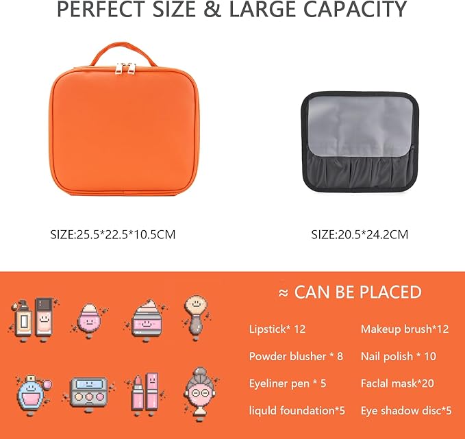 Makeup Bag with Led Mirror,Travel Makeup Organizer with 3 Color Setting & 10X Magnifying Mirror, Portable Storage and Adjustable Dividers Travel Makeup Bag-orange