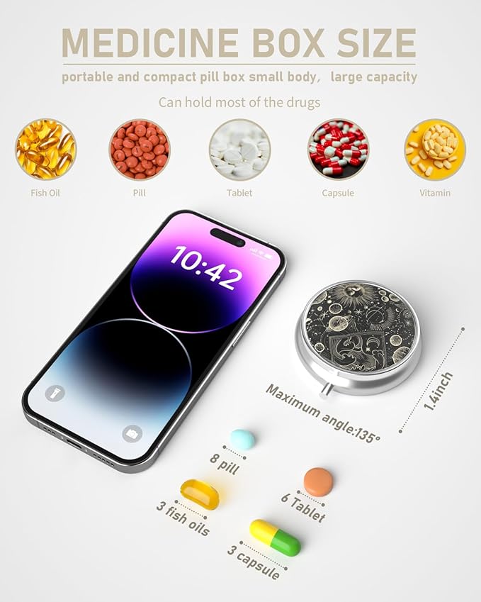 Pill Box, 3 Compartment Portable Travel Medicine Box with Mirror, Compact and Cute, Fits in Purse and Pocket, Medicine and Vitamin Organizer (Black Universe)