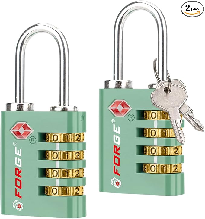 Forge Dual-Opening: Key or Combination Access Lock, TSA Approved Locks for Luggage, Pelican case, Travel, Gym, School, Stainless Steel Shackle. (Green, 2 Pk)
