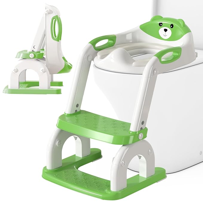 Potty Training Seat for Toddlers, Adjustable Height 2-in-1 Potty Training Toilet Ladder for Kids Boys Girls with Splash Guard, Waterproof Cushion, Anti-Slip Pad Step Stoo - Green