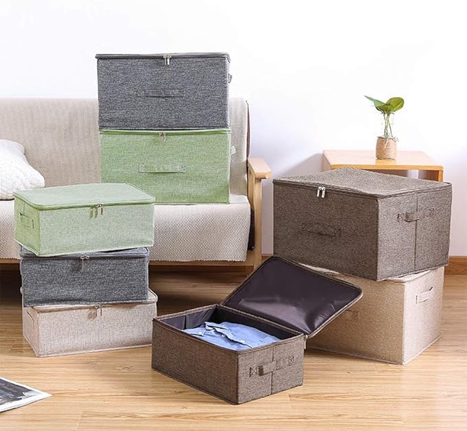ANMINY 2PCS Storage Bins with Zipper Lids 51.9 Qt Lidded Fabric Storage Boxes Baskets Cubes with Handles Collapsible Washable Cotton Linen Closet Shelf Clothes Organizer - Coffee, Extra Large