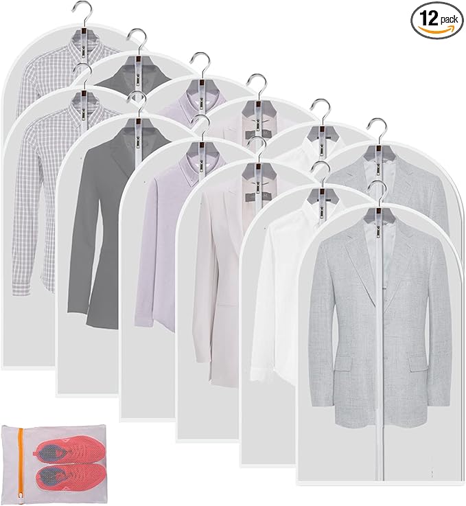 Clear Garment Bags Clothes Covers Protecting Dusts (Set of 12) for Storage Plastic Garment Bags Hanging Clothes Bags Dress Bag for Gowns Long with Zipper for Closet - 24'' x 40''/12 Pack