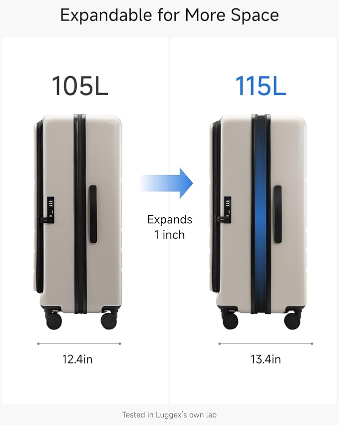 LUGGEX Checked Suitcase with Spinner Wheels, FLO5 Expandable Polycarbonate Hard Shell Suitcase with TSA Approved Lock (FX-Core, Beige, 28 Inch)
