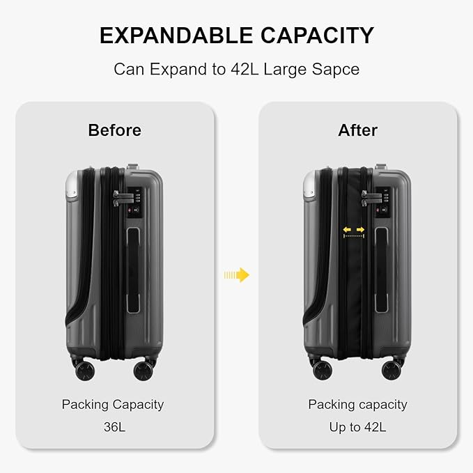 LEVEL8 Grace Carry on Luggage, 20 Inch Expandable Hard Shell Suitcases with Wheels, Abs+Pc Harshell Spinner Luggages with Tsa Lock, Travel Bag for Women Men, Grey