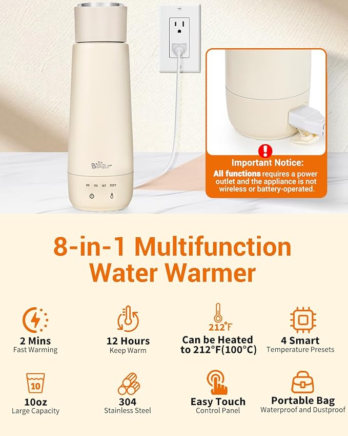 Bear Milk Warmer, Fast Water Warmer for Baby Formula with 10 Oz Large Capacity, Accurate 4 Temp Setting and Automaticlly Keep Warm, Portable Bottle Warmer(No Battery, 110V Only)