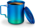 Titanium Camping Pot Mug 15oz (420ml) with Lid and Foldable Handle – Ultralight Camping Cup for Hiking, Backpacking, Outdoor Cooking, Blue
