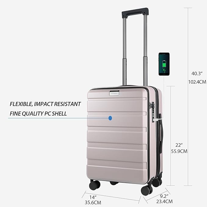 KROSER Carry On Luggage with Spinner Wheels & Built-in TSA Lock, Expandable Top Loading Hard Shell Suitcase Large Capacity Durable Rolling Luggage with USB Port, Carry-On 20-Inch, Matte Purple/Pink