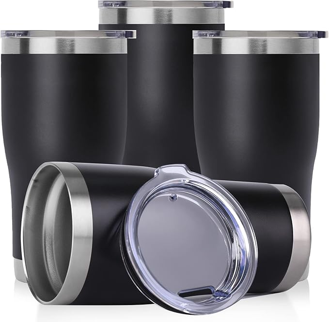 DOMICARE 20oz Tumbler with Lid Stainless Steel Tumblers Bulk, Double Wall Vacuum Insulated Coffee Travel Mug Powder Coated Tumbler, 4 Pack Black