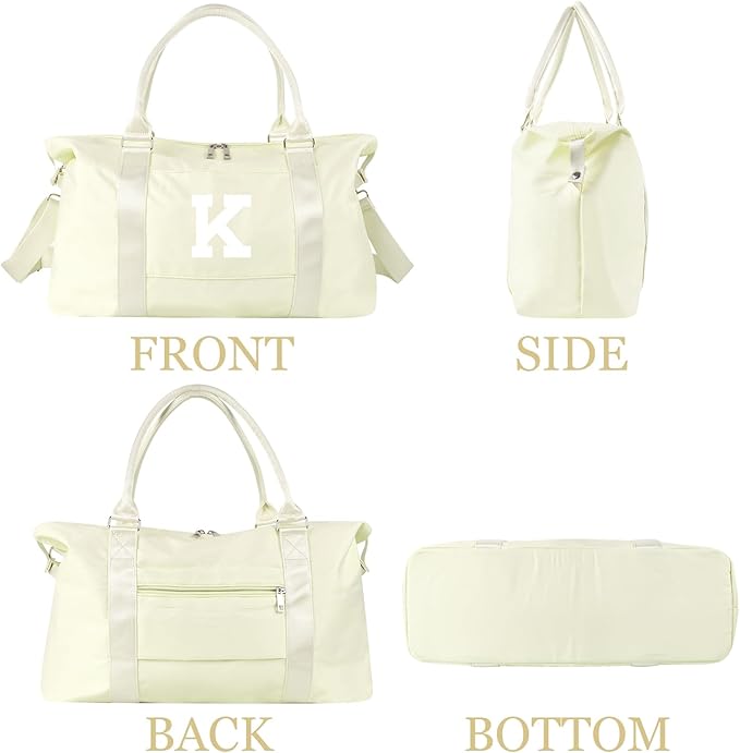 Initial Travel Duffel Bag Sports Gym Bag for Kids Teen Birthday Gifts,Beige Personalized Weekender Bag Carry On Dance Bags for Women Men,Waterproof Monogram Overnight Bag with Trolley Sleeve(Letter K)