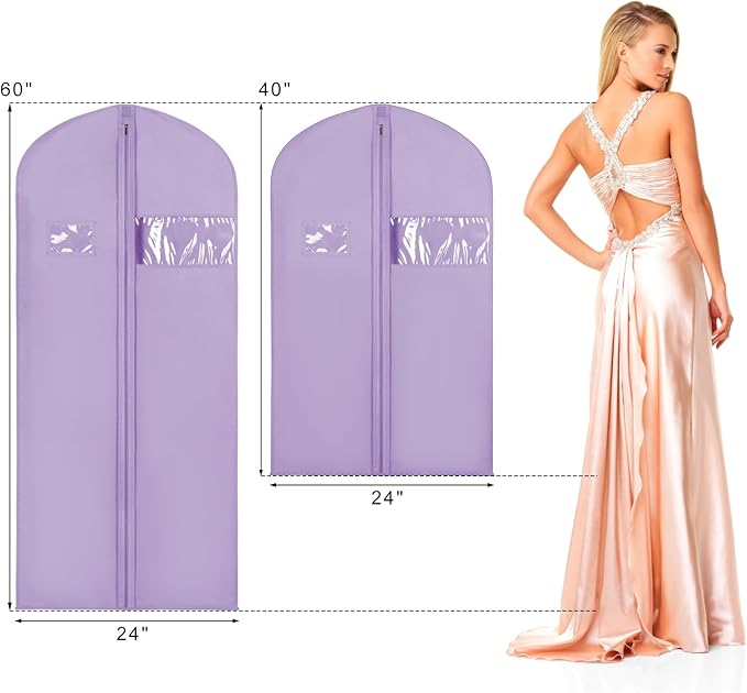 Syeeiex 60'' Garment Bags for Hanging Clothes, Set of 8 Dress Bags for Gowns, Garment Bags for Closet Storage for Gowns, Evening Dresses, Fur Coat, Long Dress(Purple)