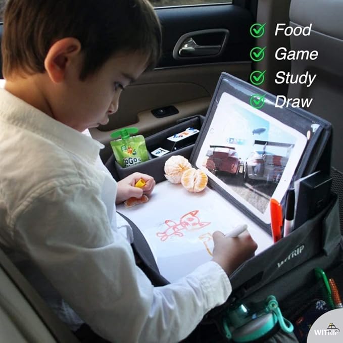 Kids Travel Tray with Dry Erase Board - Car Seat Tray for Kids Travel, Carseat Table Top for Toddler, Lap Desk for Car Seat, Activity Organizer & Snack Holder, Road Trip Essentials for Kid (Pink)