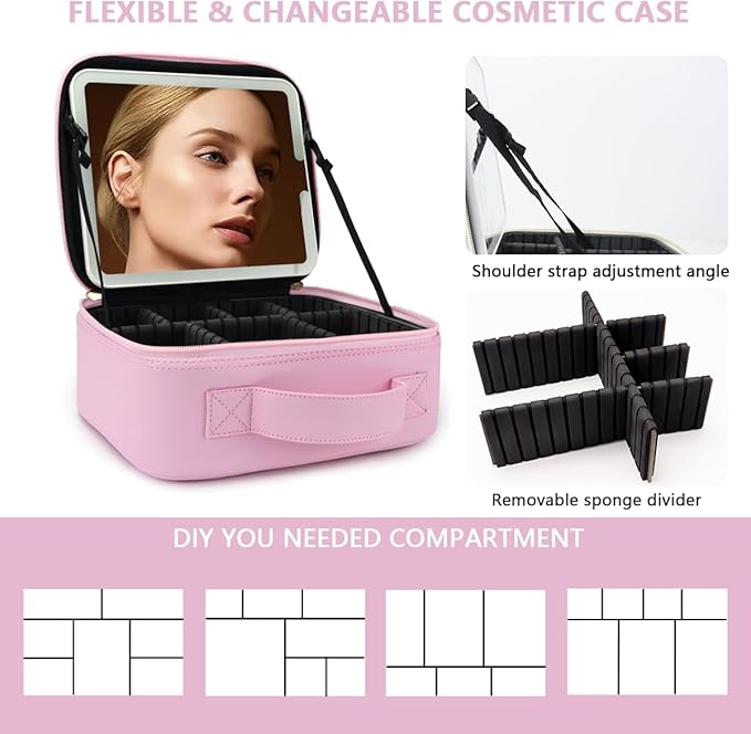 Travel Makeup Bag,with Mirror 3 Color Setting and Detachable 10x Magnifying Mirror Travel Makeup Bag,Portable Storage and Adjustable Dividers（Light Pink）