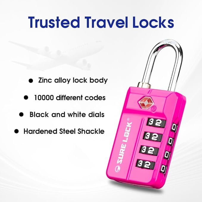SURE LOCK TSA Approved 4-Digit Resettable Combination Luggage Locks with Open Alert, Easy-Read Dials - for Luggage, School Lockers, Gym, Office, Toolbox & Security Cases (Pink 2 Pack)
