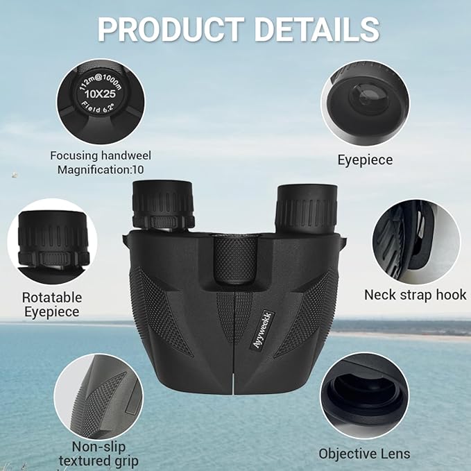10x25 Binoculars for Adults & Kids, Compact HD Binoculars with Large View, Low Light Vision & Easy Focus for Bird Watching, Travel, Concert, Hunting