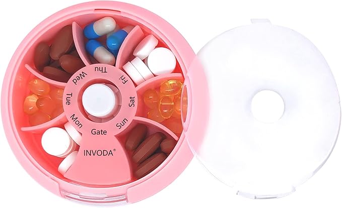 INVODA Weekly Pill Organizer 7 Compartment Rotating Pill Box for Daily Medication & Vitamins - Portable Travel Pill Case Fish Oil Supplements Vitamins Organizer (Pink+Bag)