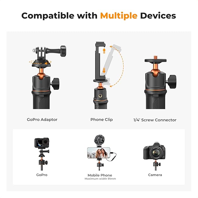 K&F Concept Selfie Stick Tripod, 60cm/23.6" Extendable Ball Head Vlog Selfie Stick Handle for GoPro Hero 13/12/11/10/9/8/7/Max DJI Osmo 360 Pocket 3 Action 5 Pro.